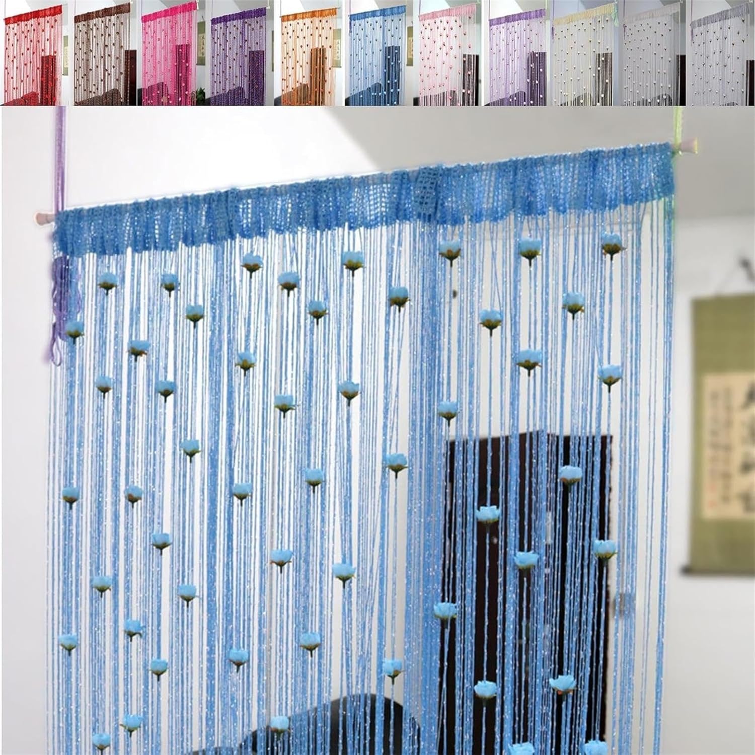 Blue Decorative Curtains with Tassel Fringe and Roses