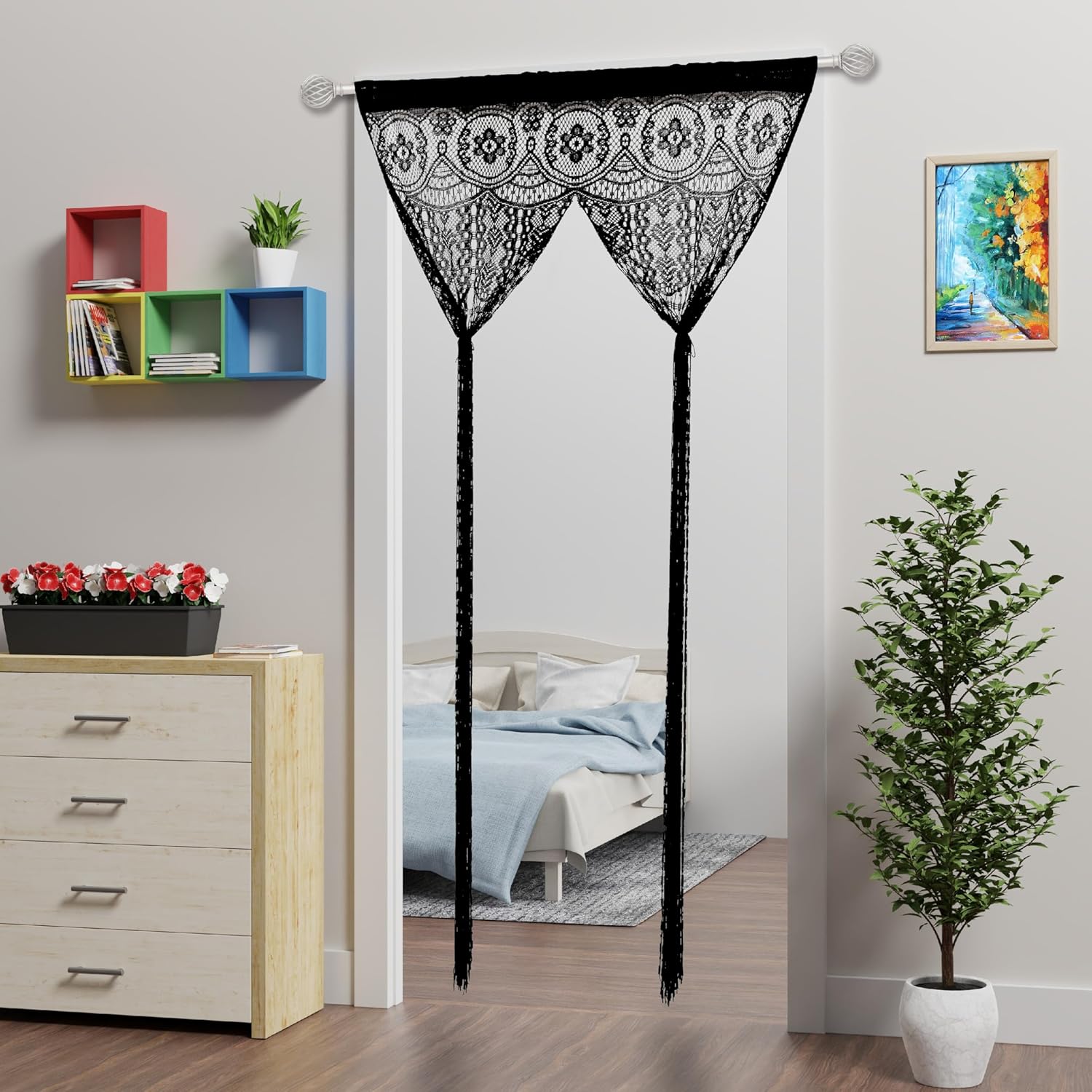 Lace Door String Curtain for Doorways Black 39x79in