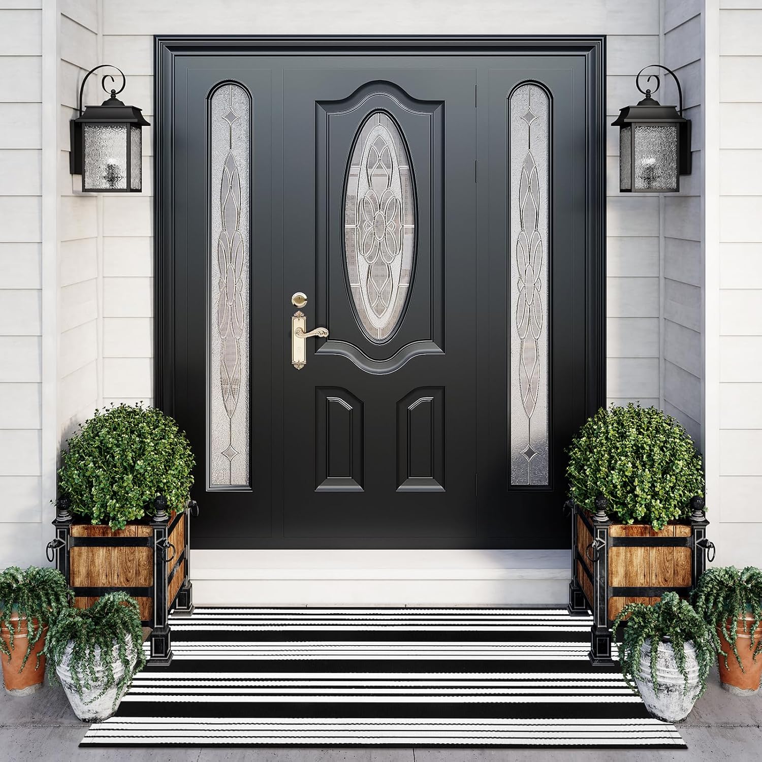 Black and White Striped Outdoor Rug 275x43 Inch Reversible Door Mat