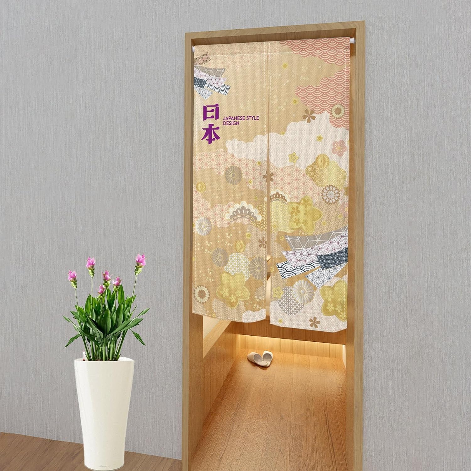 Japanese Style Noren Door Curtain with Flowers and Waves Pattern