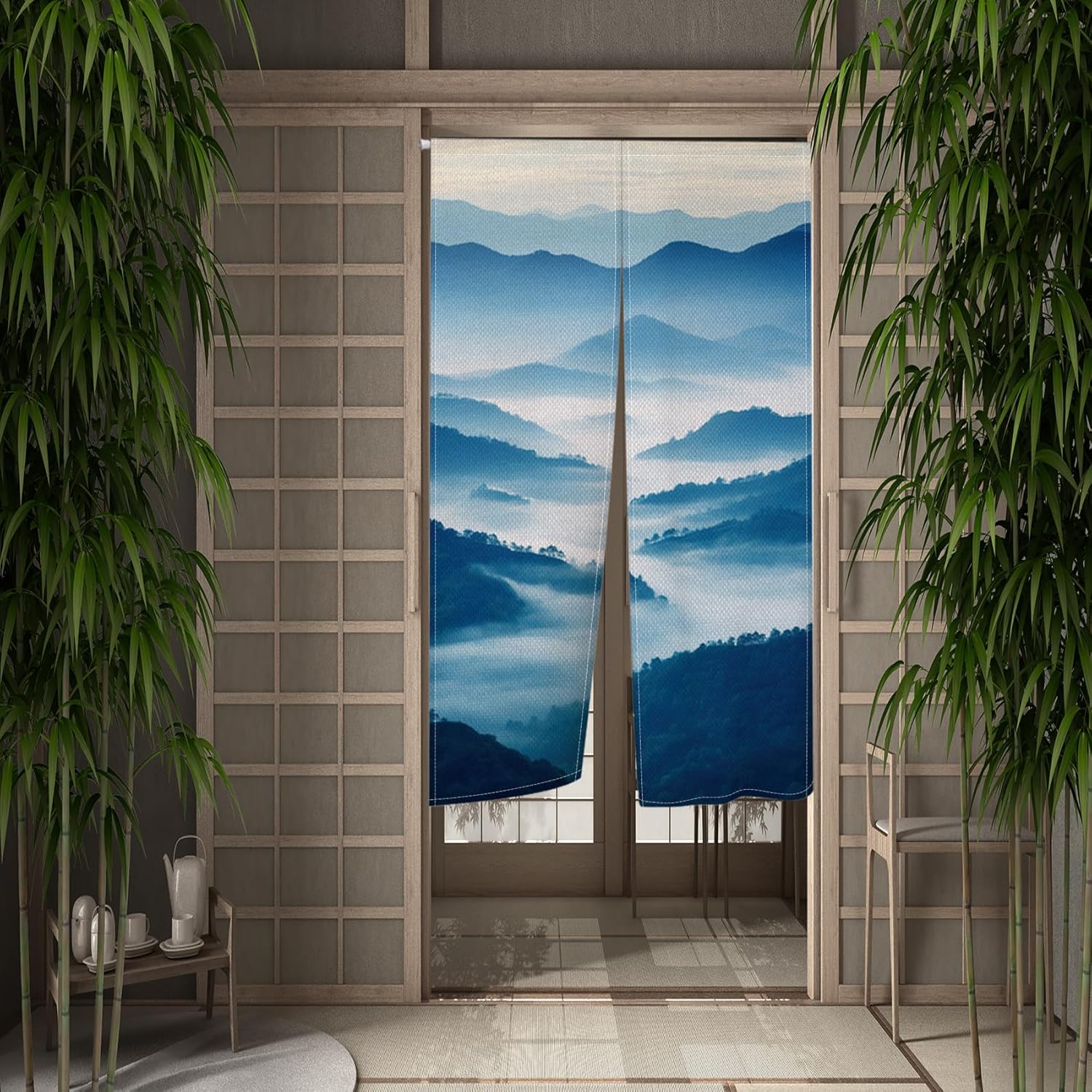 Mountain Japanese Noren Curtain Forest Tree Blackout Privacy Doorway Curtain