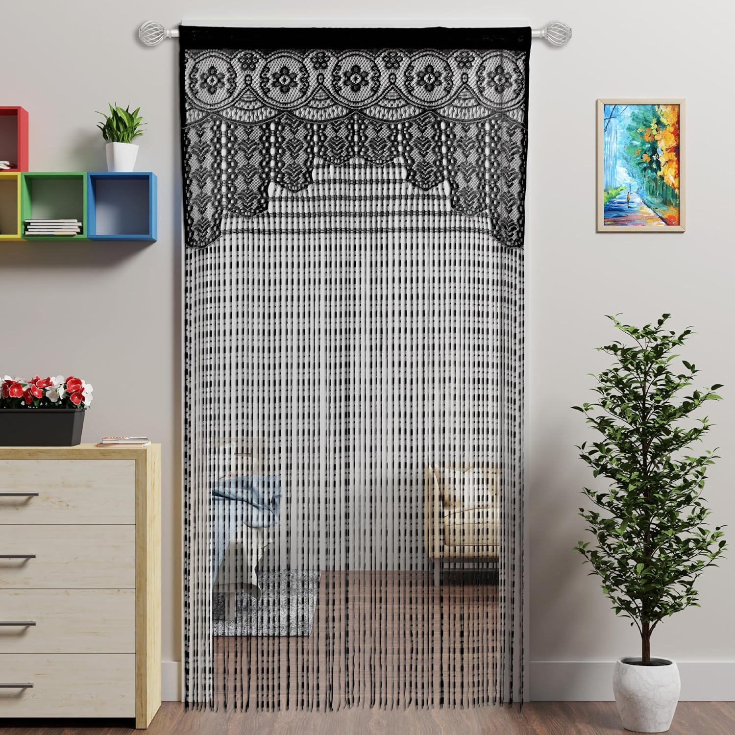 Lace Door String Curtain for Doorways Black 39x79in