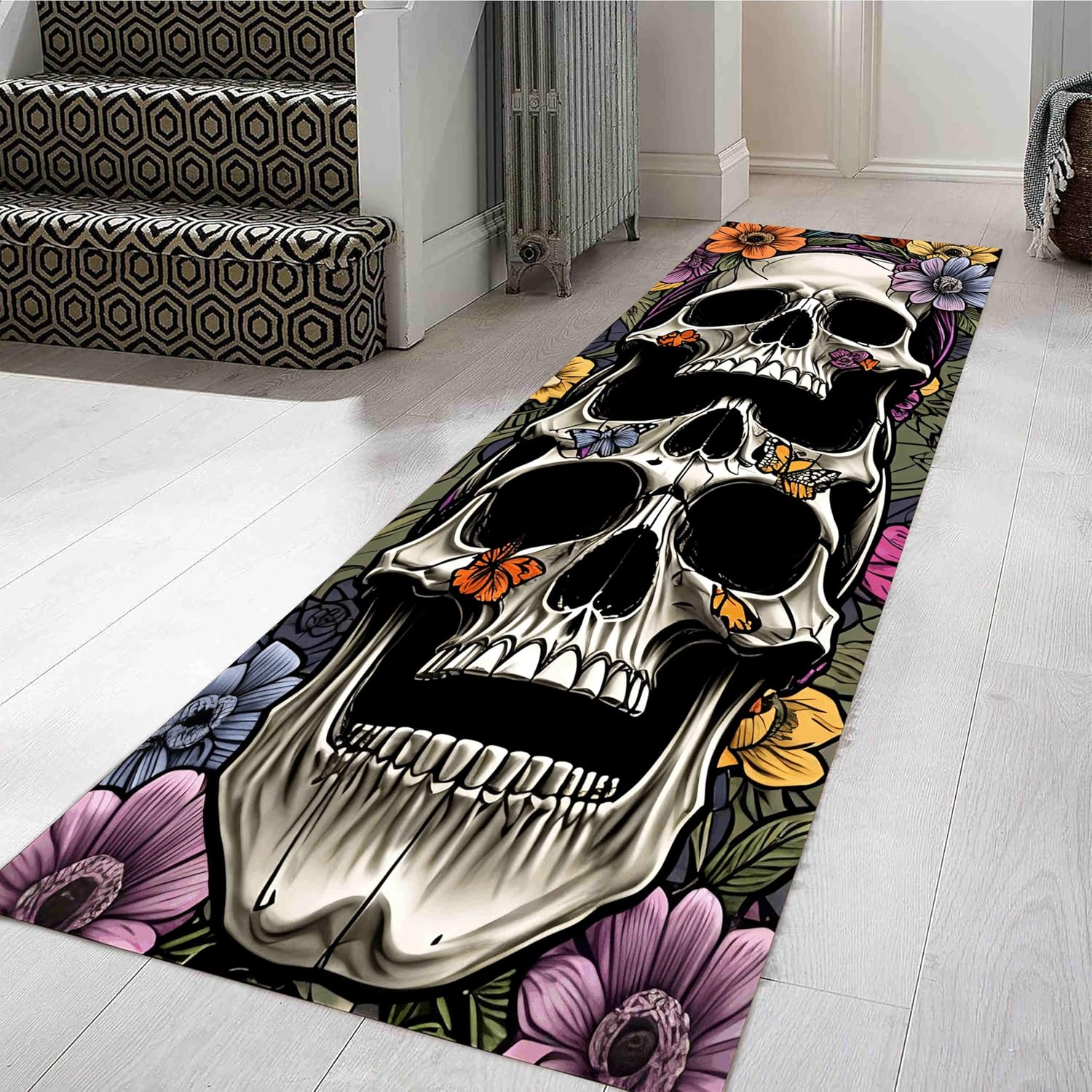 Halloween Skull Runner Rug 26x10ft Butterfly Floral Pattern Carpet