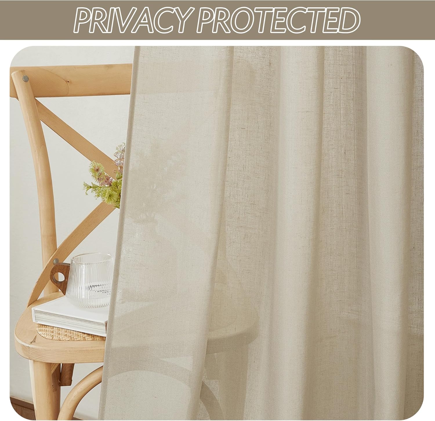 RYB HOME Taupe Sheer Curtains - Flax Linen Blend 70x84 inch 2 Pcs