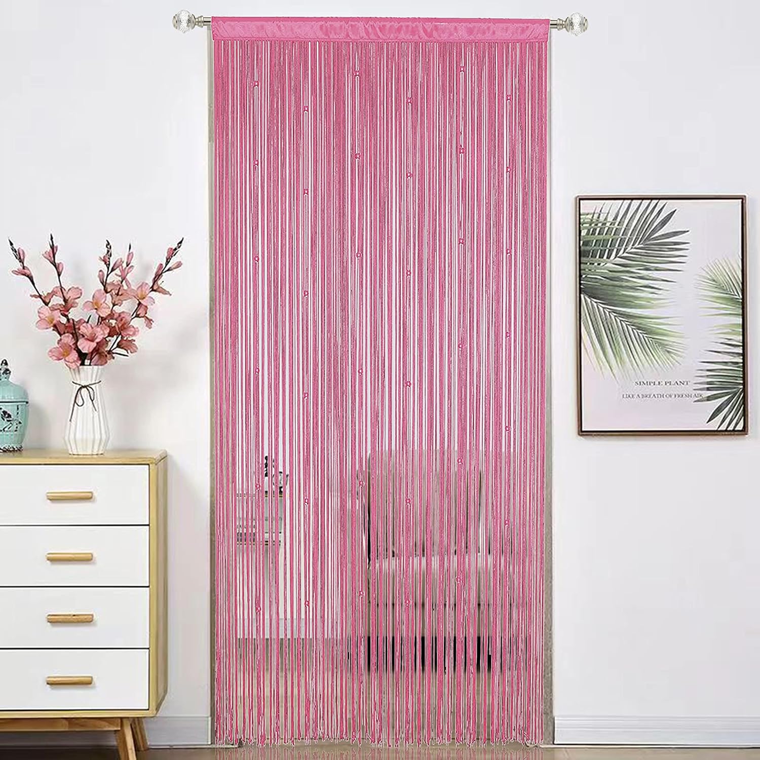 Beaded Curtain with Telescopic Rod Pink 100x200cm