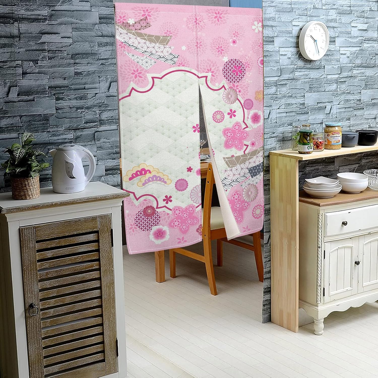 Traditional Japanese Noren Door Curtain with Pink Flowers Print