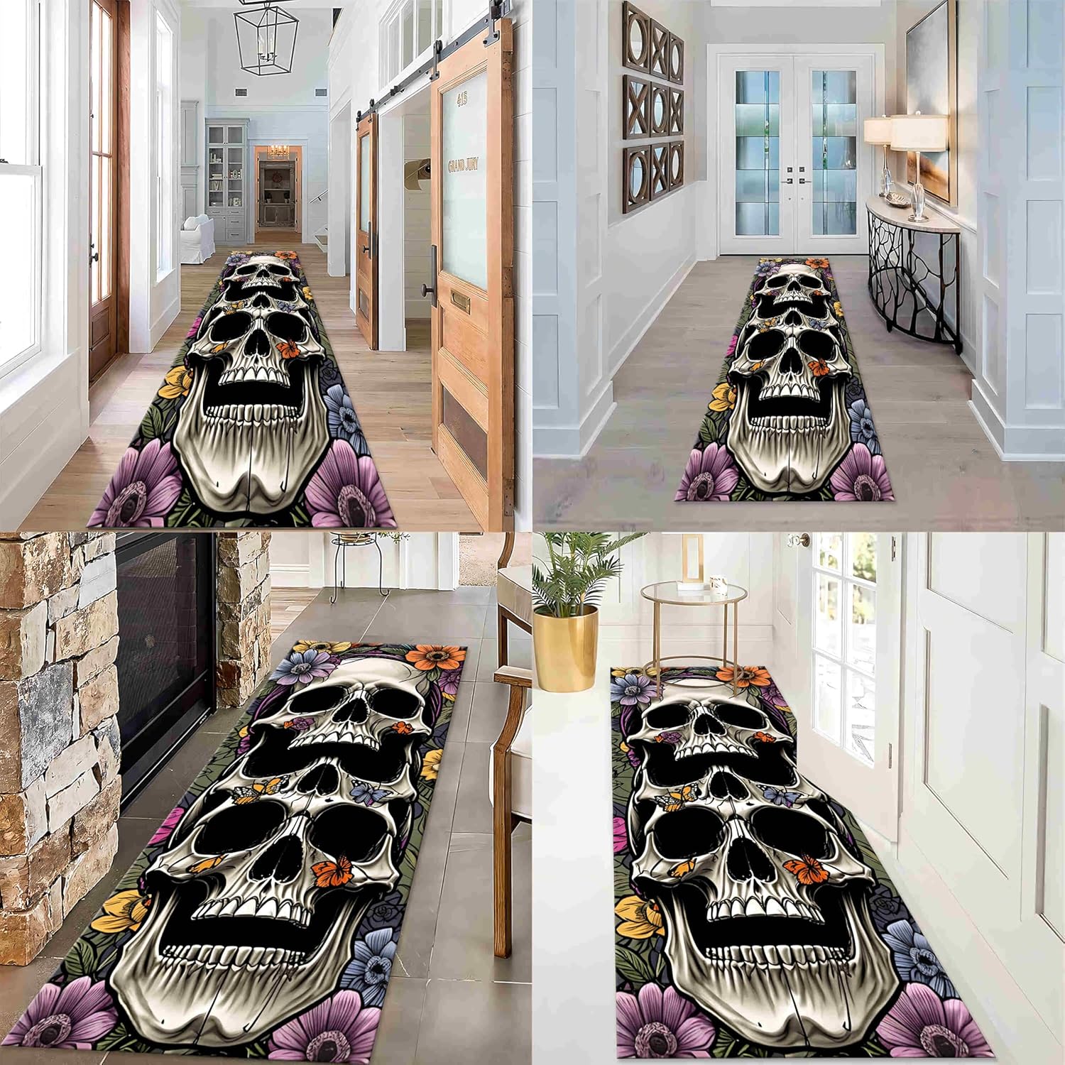 Halloween Skull Runner Rug 26x10ft Butterfly Floral Pattern Carpet