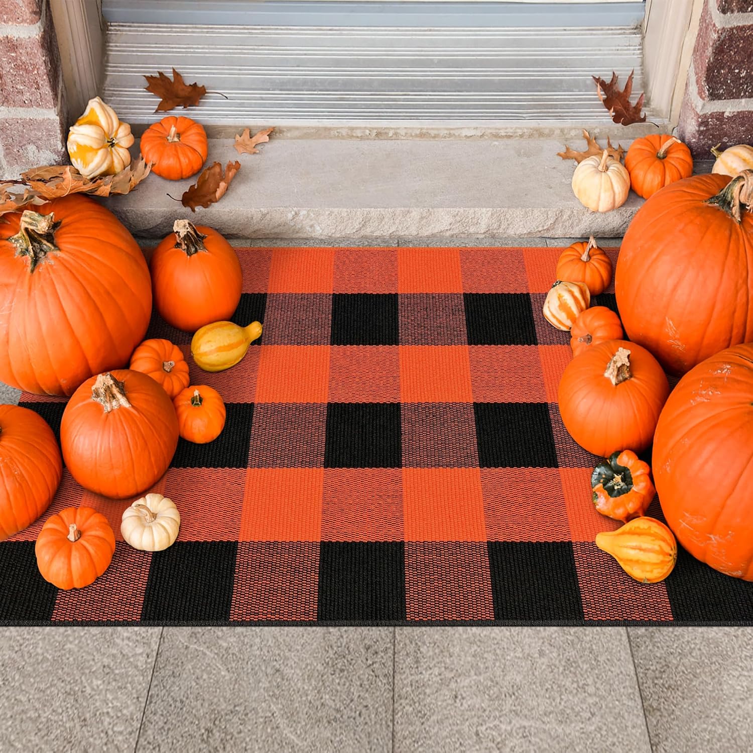Orange and Black Buffalo Plaid Outdoor Rug 2x3 Cotton Woven Area Rug