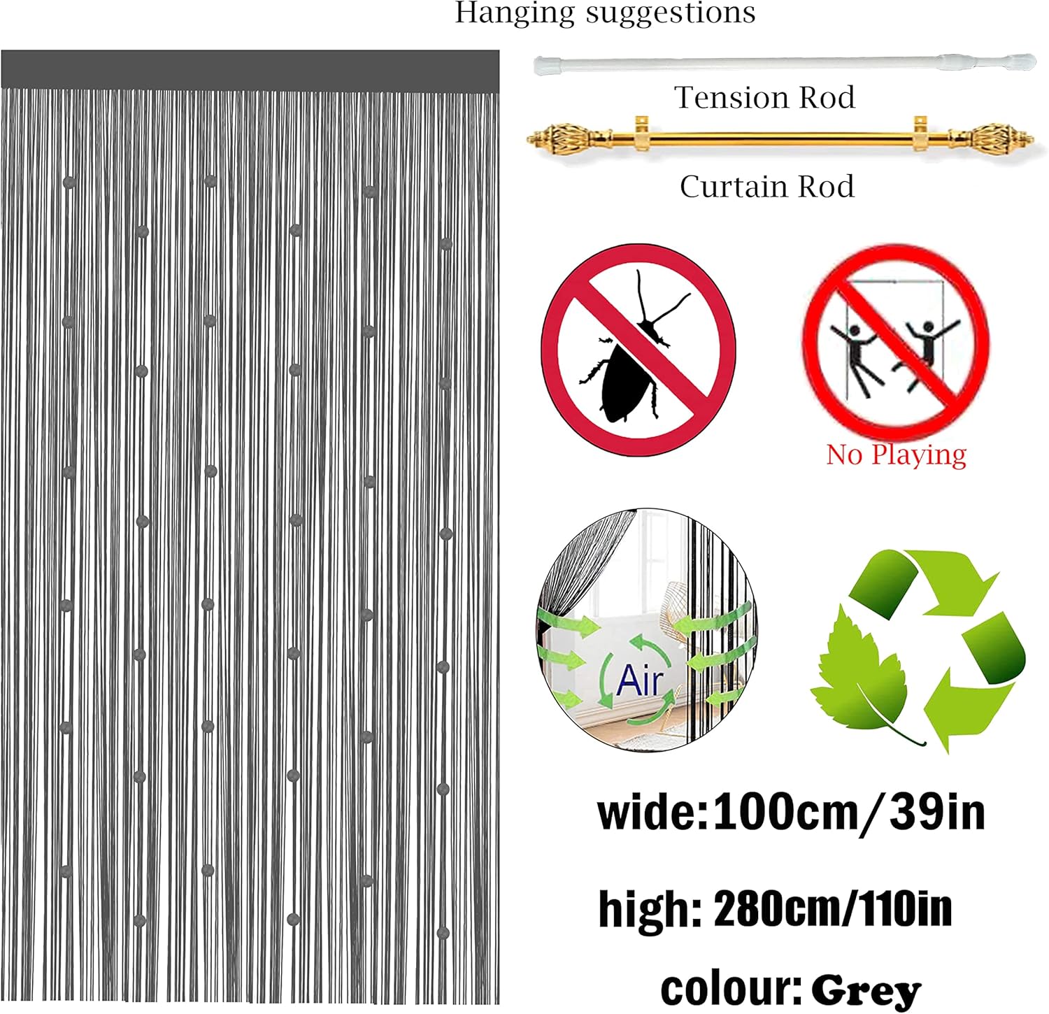 Beads Curtain Door String Curtains Grey 39x110in