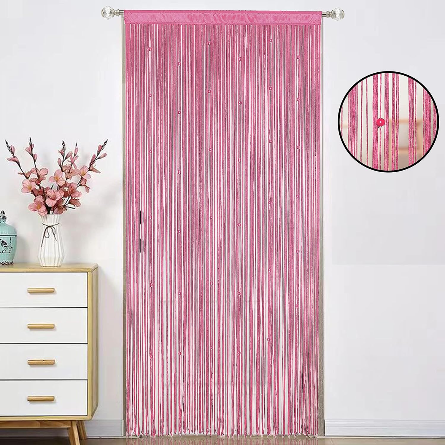 Beaded Curtain with Telescopic Rod Pink 100x200cm