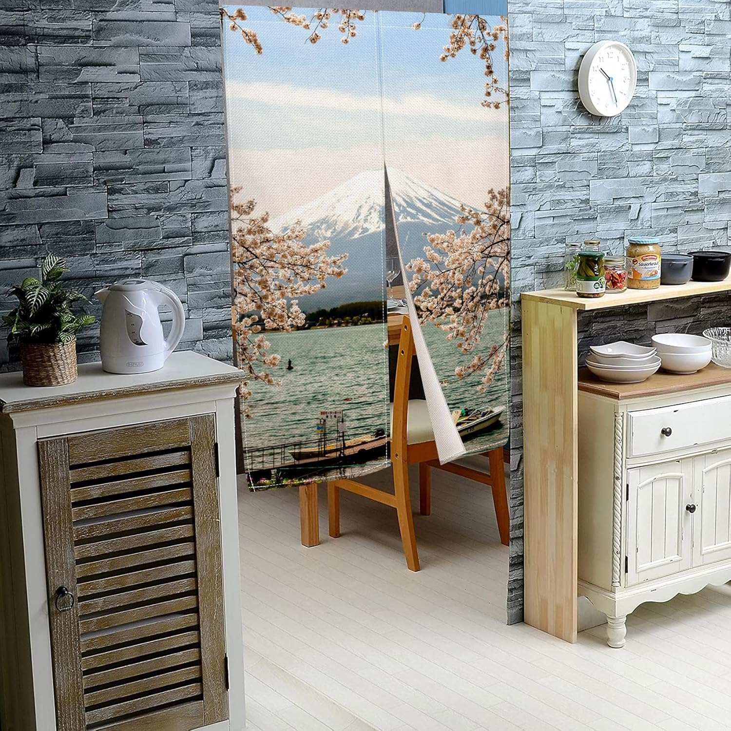 Traditional Japanese Noren Door Curtain with Mount Fuji Cherry Blossom Design
