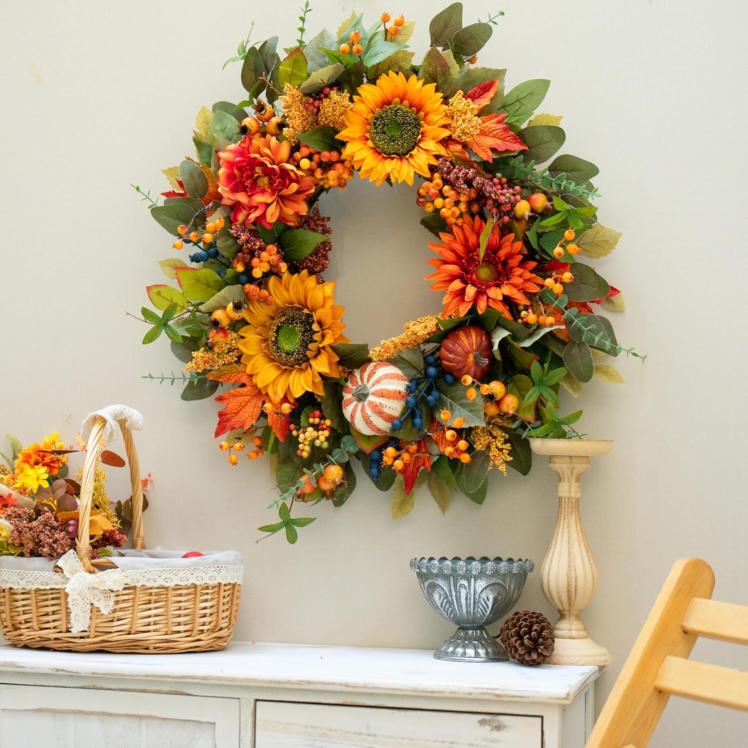 24 Inch Fall Wreath with Pumpkins and Berries