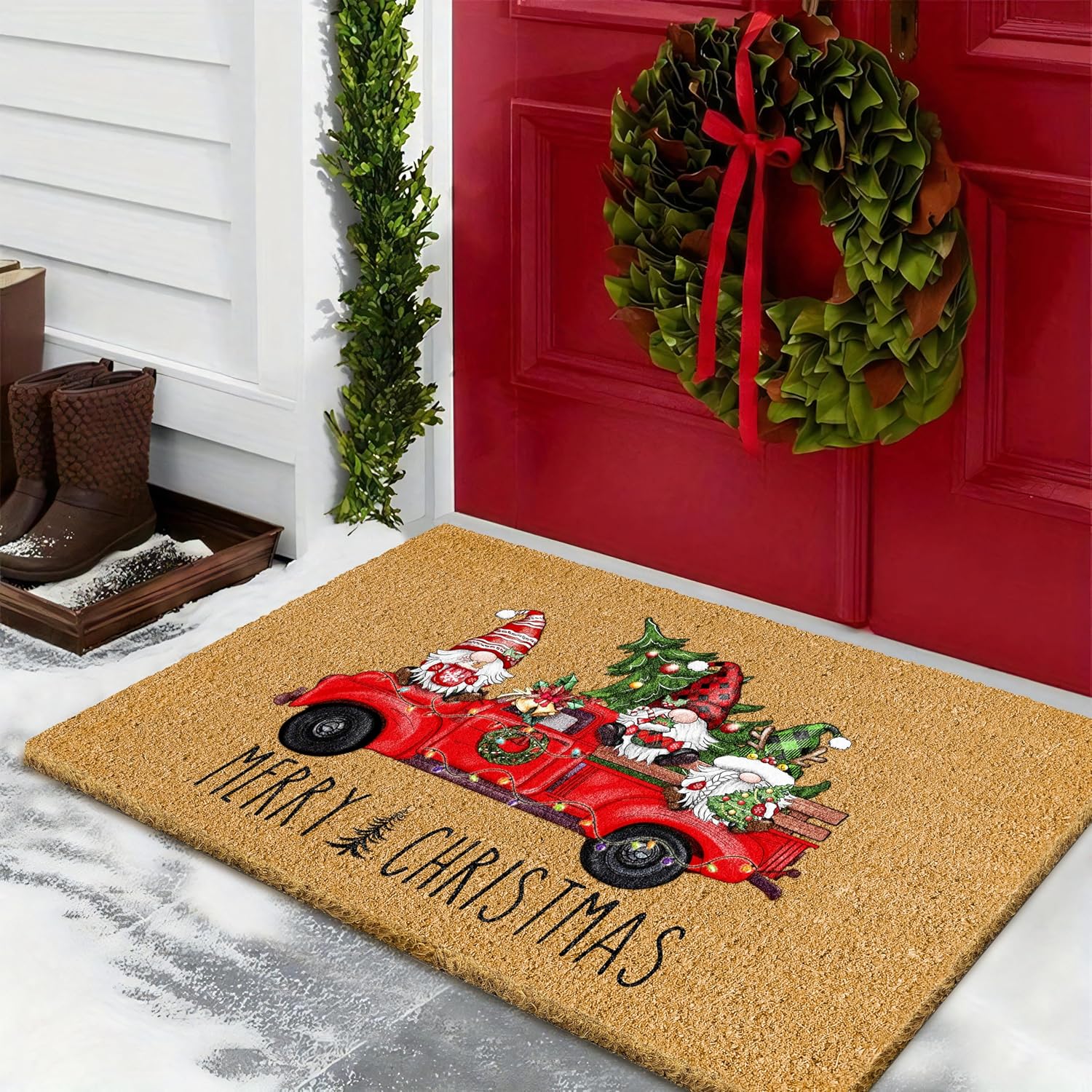 Christmas Door Mat with Gnome and Truck Design