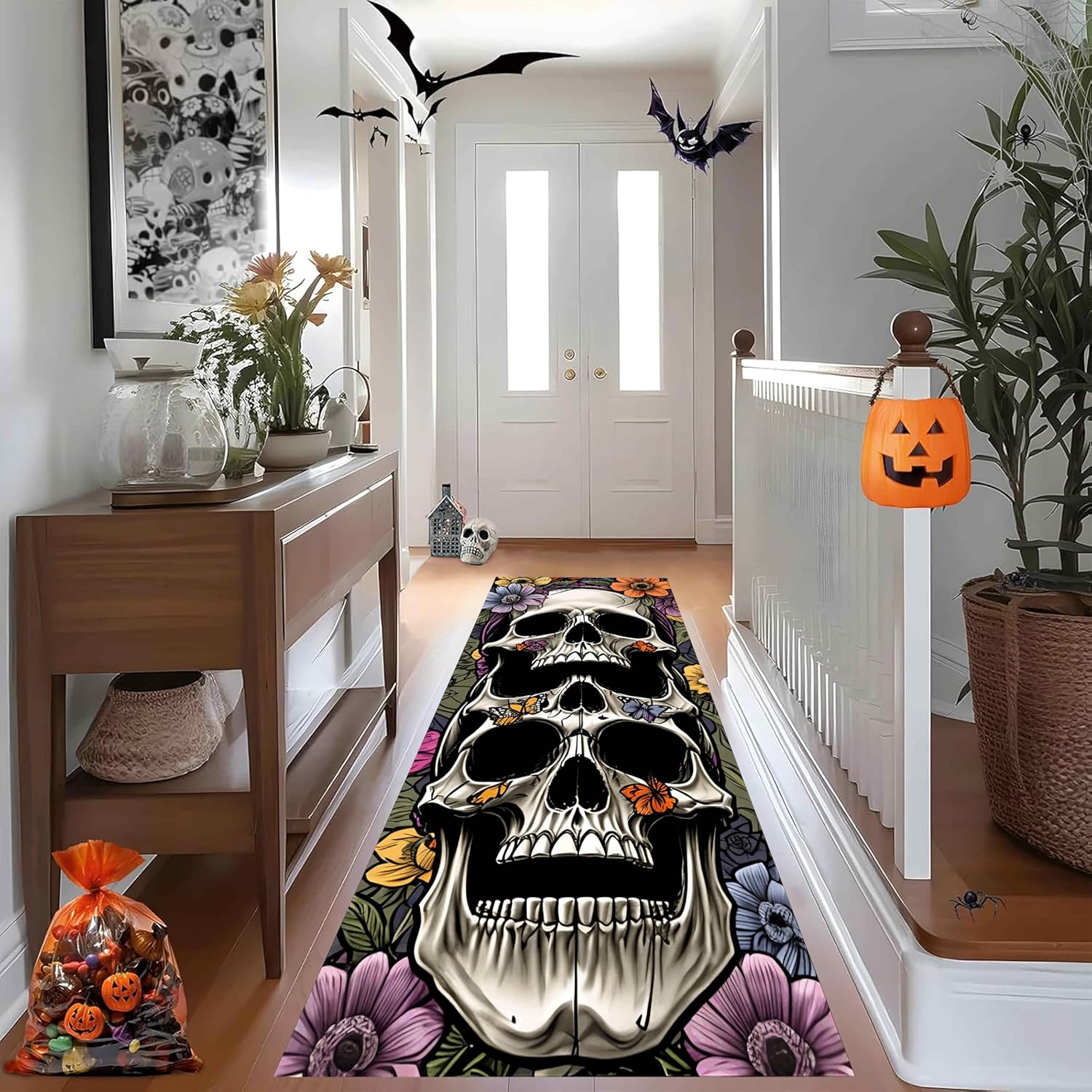 Halloween Skull Runner Rug 26x10ft Butterfly Floral Pattern Carpet