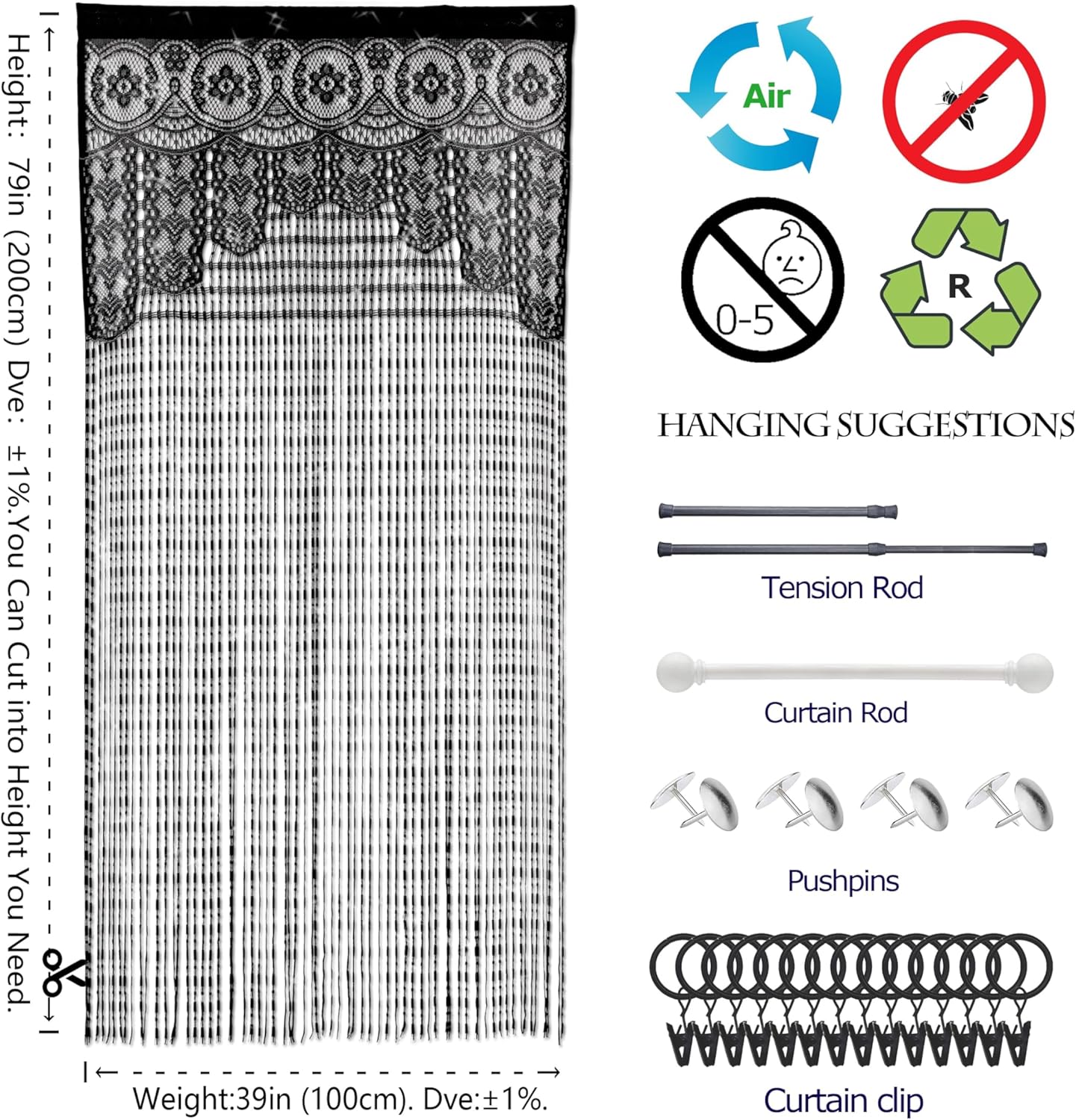 Lace Door String Curtain for Doorways Black 39x79in