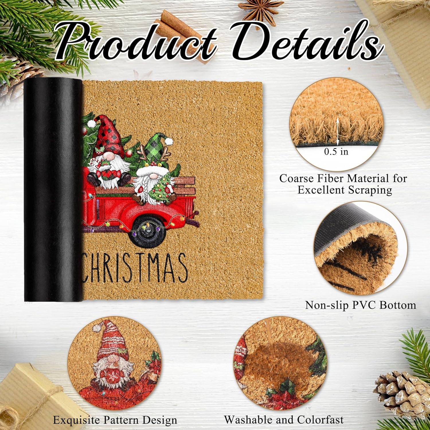Christmas Door Mat with Gnome and Truck Design