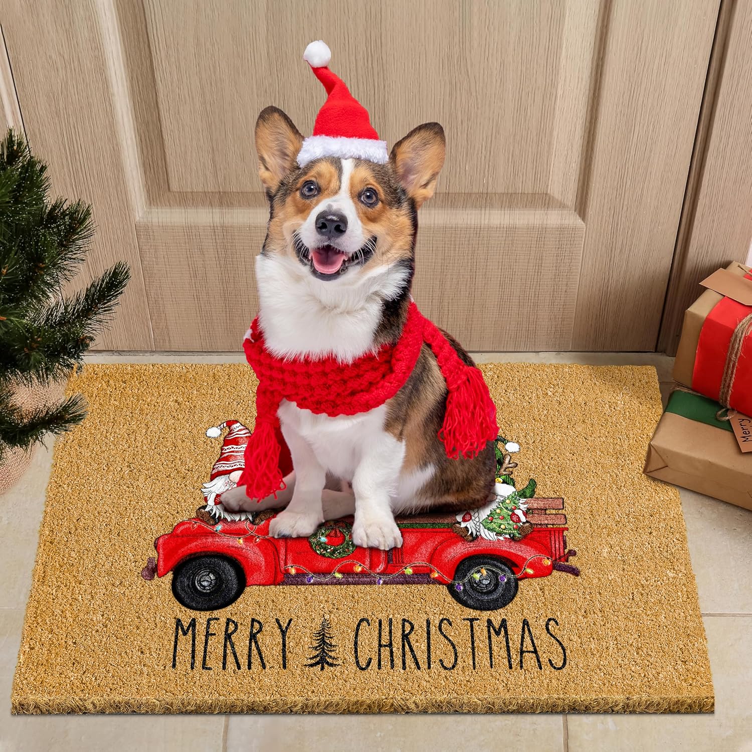 Christmas Door Mat with Gnome and Truck Design