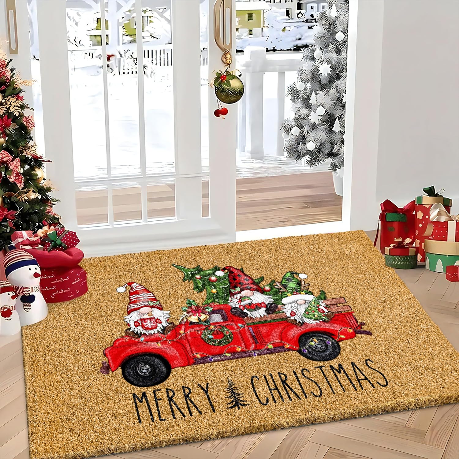Christmas Door Mat with Gnome and Truck Design
