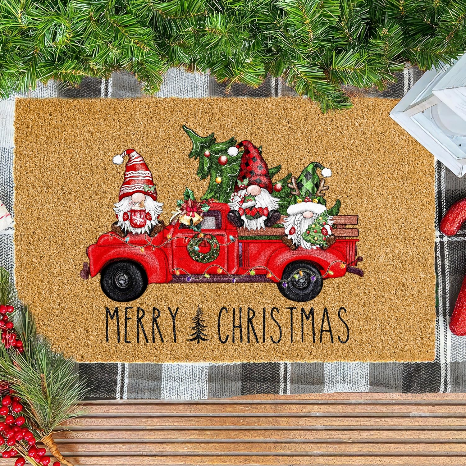 Christmas Door Mat with Gnome and Truck Design